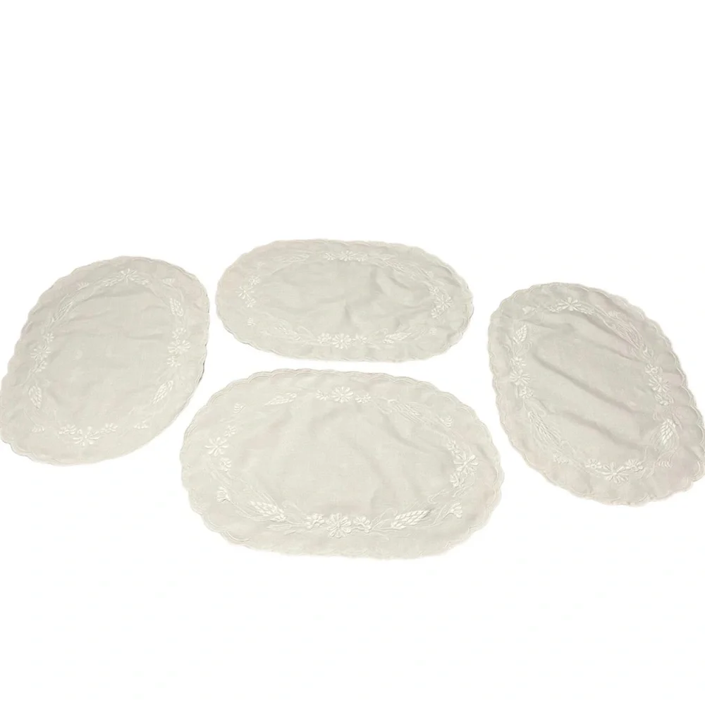 White Linen Oval Placemats Set of 4  Shaped White Floral Embroidery Grandma core